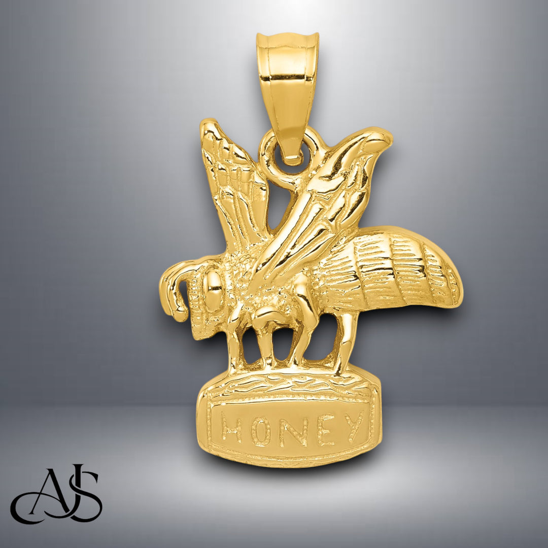 14K Yellow Gold Bee on HONEY Jar Pendant with Chain Necklace options
