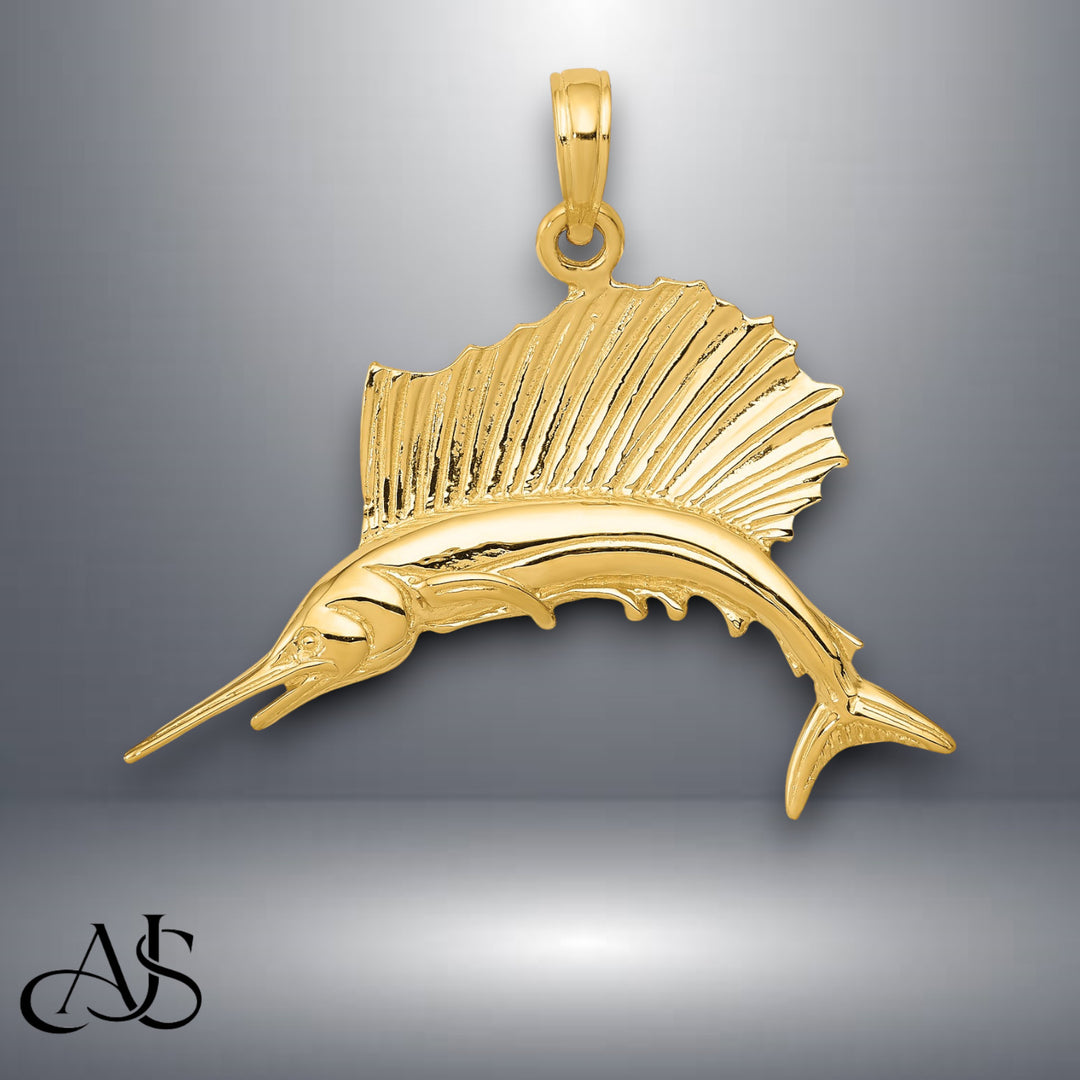 14K Yellow Gold Polished Sailfish Pendant with Chain Necklace options
