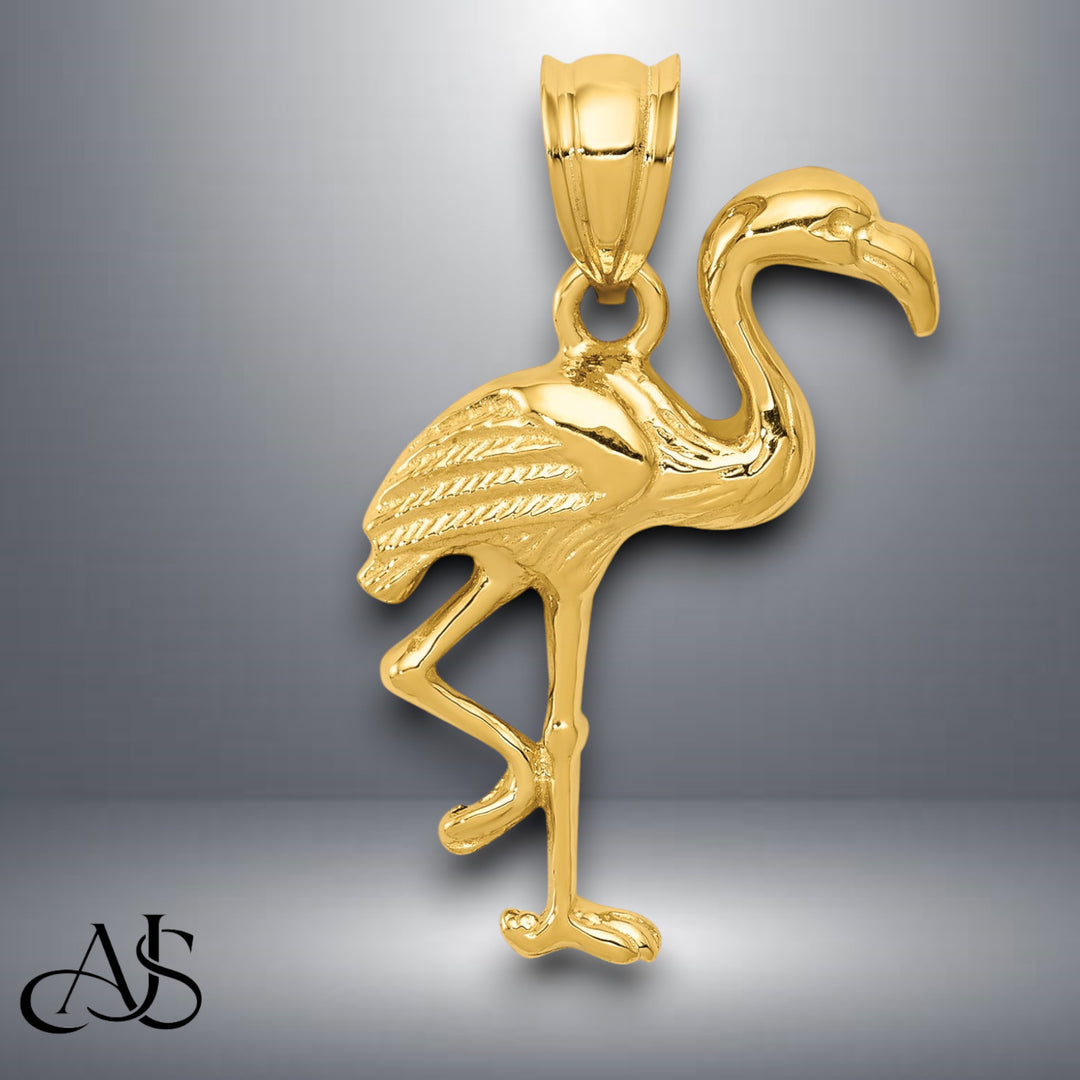 14K Yellow Gold Solid Polished Open-Backed Flamingo Pendant with Chain Necklace options
