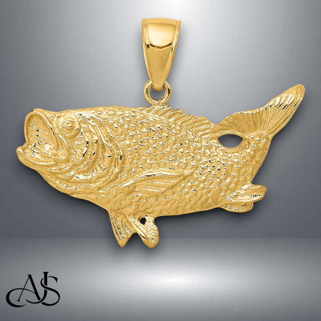 14K Yellow Gold Polished Open-Backed Bass Fish Pendant with Chain Necklace options