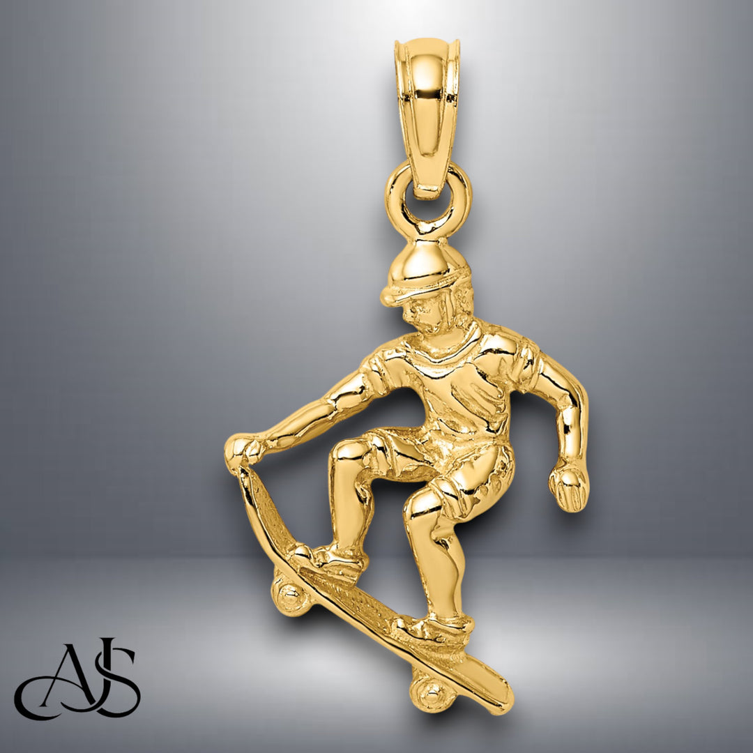 14K Yellow Gold Solid Polished 3-D Skateboarder Charm with Chain Necklace options