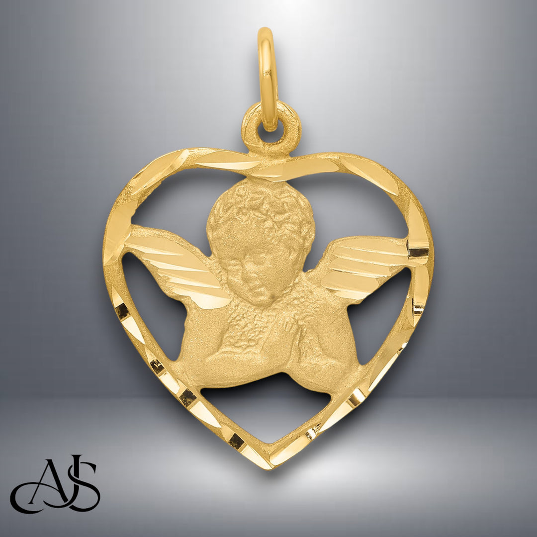 14K Yellow Gold Angel in Heart Charm with Chain Options