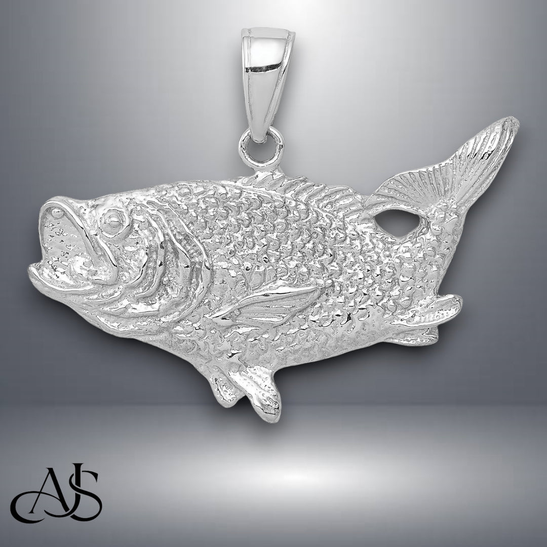 14K White Gold Polished Open-Backed Bass Fish Pendant with Chain Options