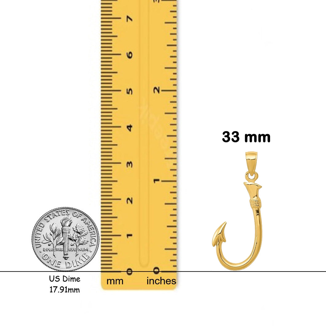 14K Yellow or White Gold 3-D Fishing Hook Pendant with Chain Options