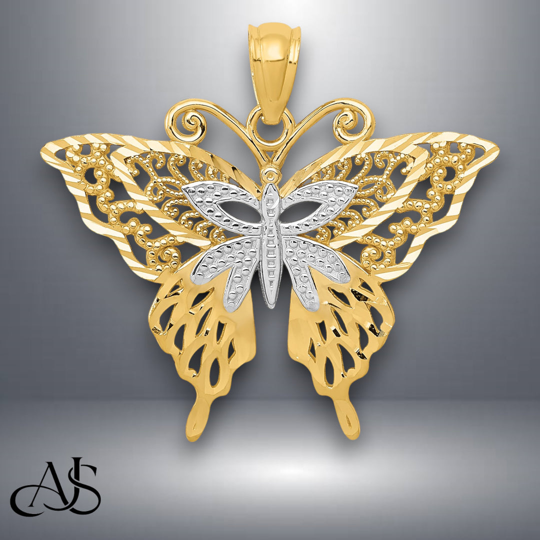 14K Yellow Gold w/Rhodium Fancy Butterfly Pendant with Chain Options