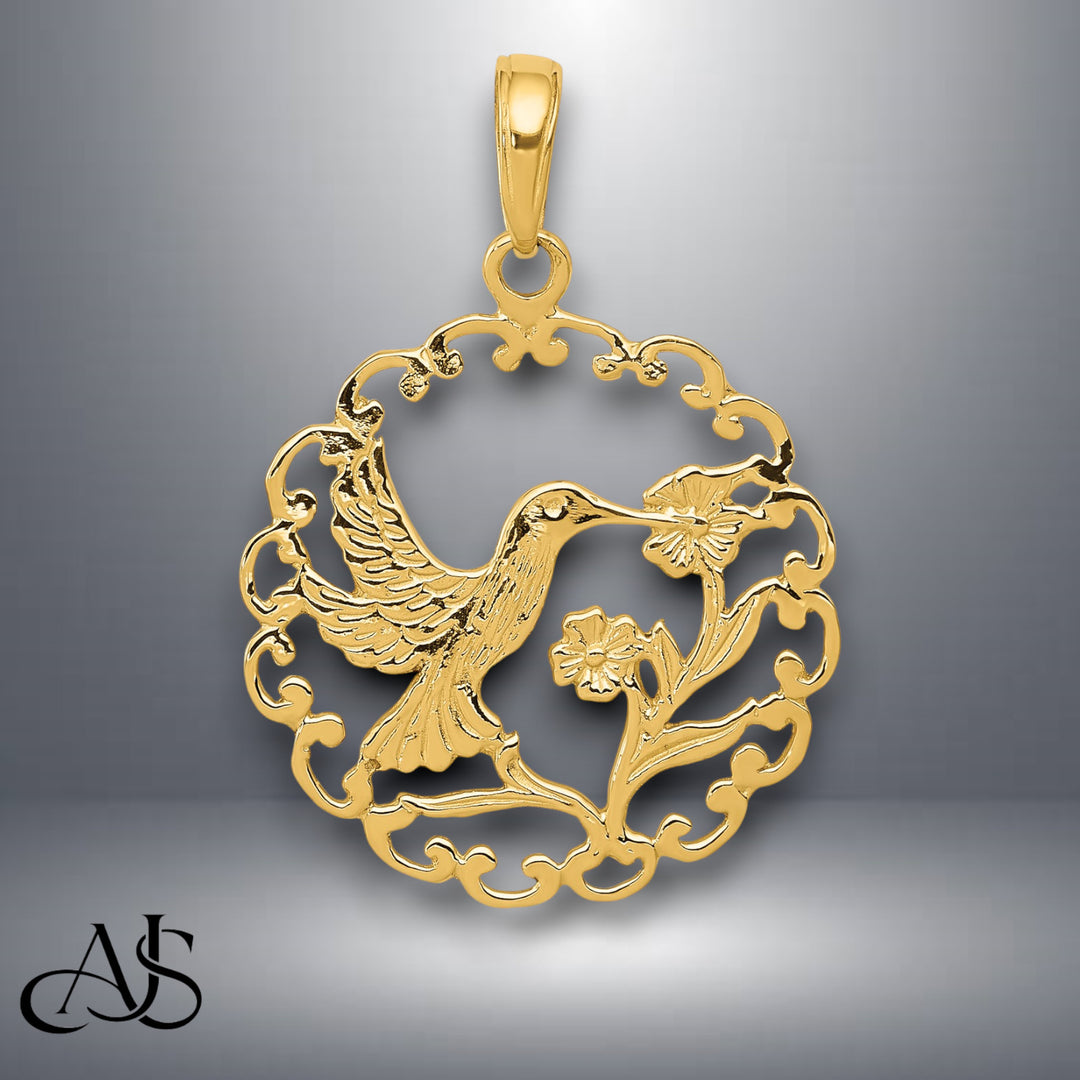 14K Yellow Gold Hummingbird in Round Frame Pendant with Chain Options