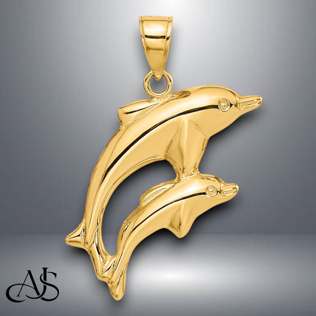 14K Yellow Gold Dolphin Pair Pendant with Chain Options