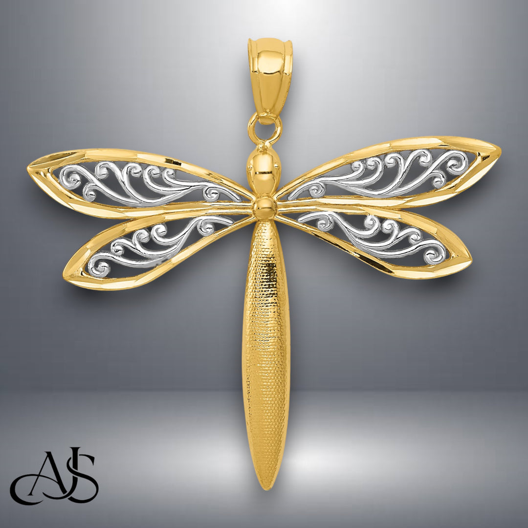 14K Yellow Gold with Rhodium Dragonfly Pendant with Chain Options