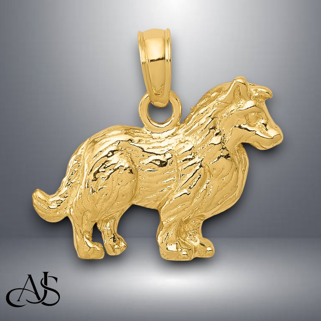 14K Yellow Gold Collie Dog Pendant with Chain Options