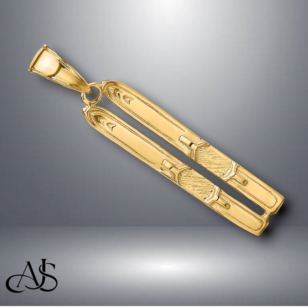 14K Yellow Gold 3-D Snow Skis Pendant with Chain Options