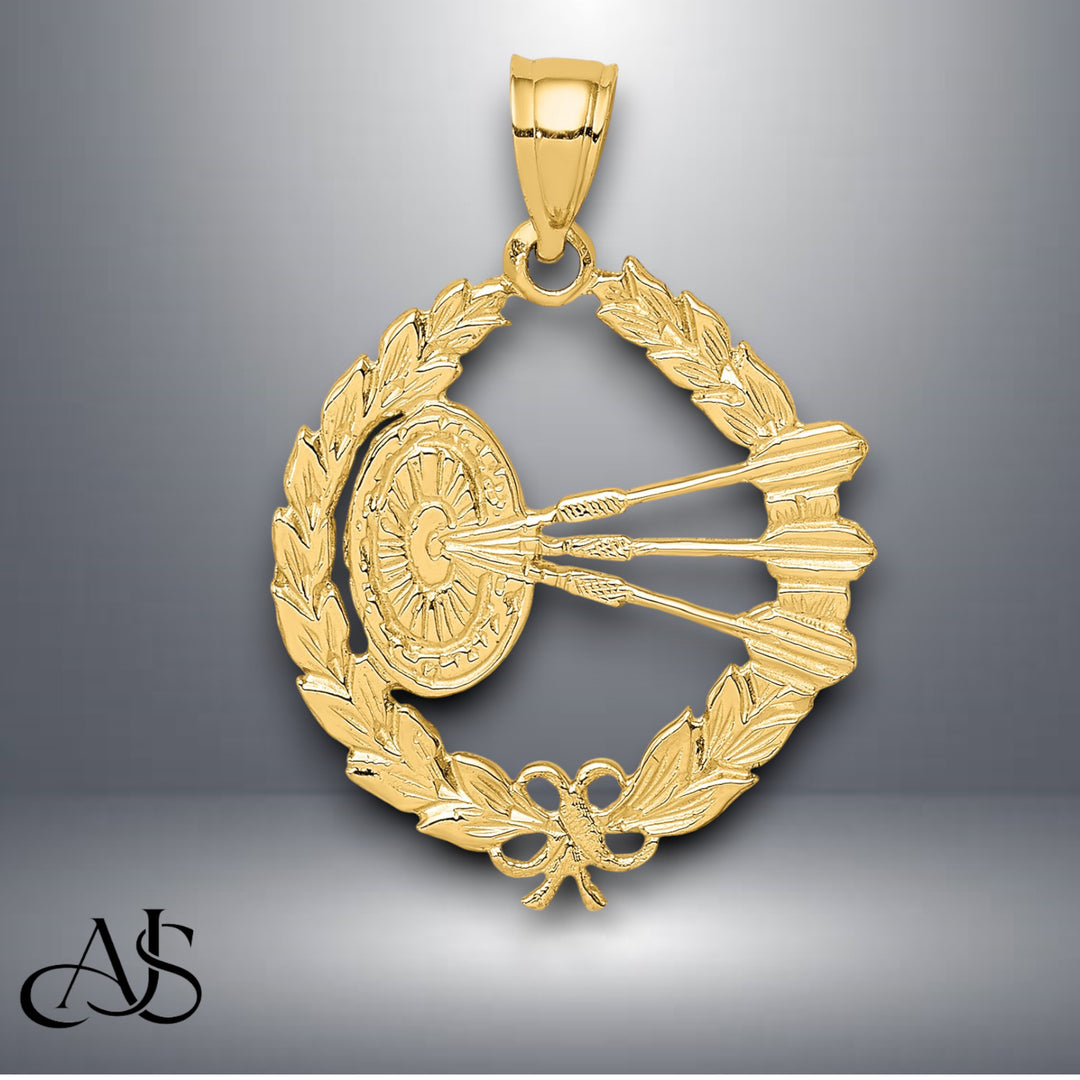 14K Yellow Gold Dart Board and Darts in Leaf Design Charm with Chain Options