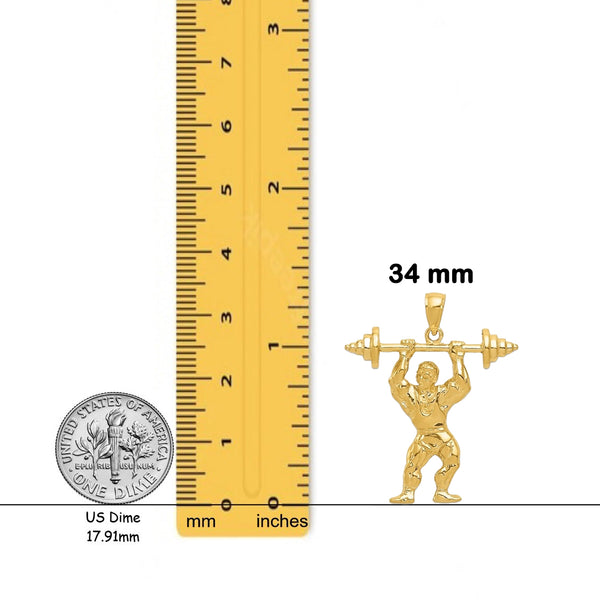 14K Yellow Gold Bodybuilder with Weights Pendant with Chain Options