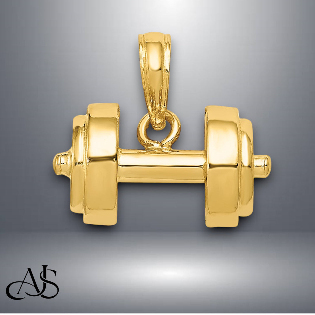 14K Yellow Gold 3-D Single Barbell Pendant with Chain Options