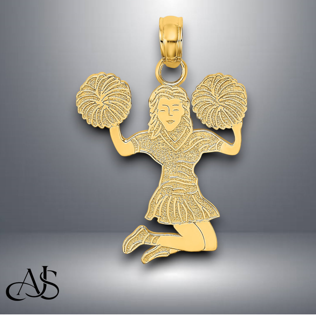 14K Yellow Gold Cheerleader Jumping with Pom-Pom's Charm with Chain Options