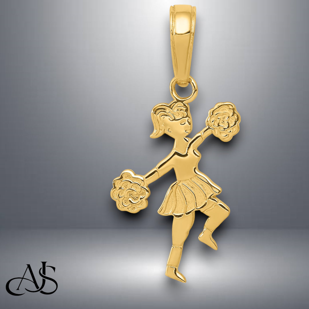 14K Yellow Gold Cheerleader with Pom-Poms Pendant with Chain Options