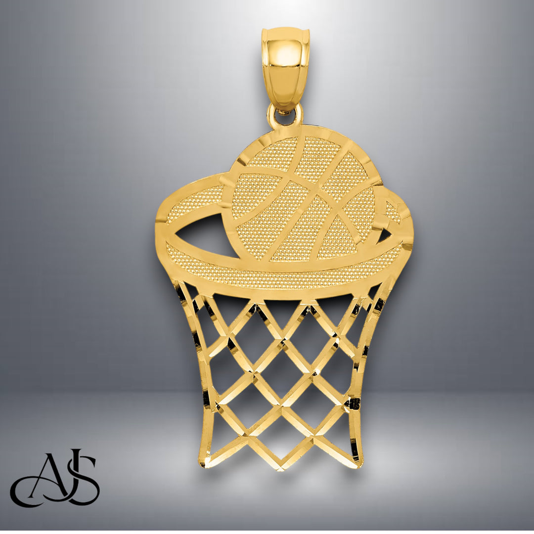 14K Yellow Gold Basketball in Hoop Diamond Cut Pendant with Necklace Chain Options