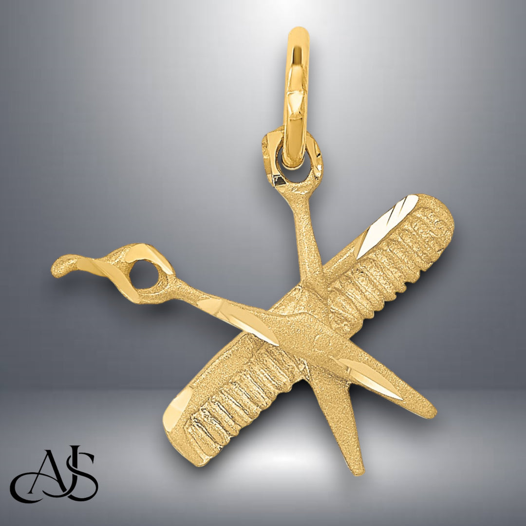 14K Yellow Gold Comb and Scissors Charm with Necklace Chain Options