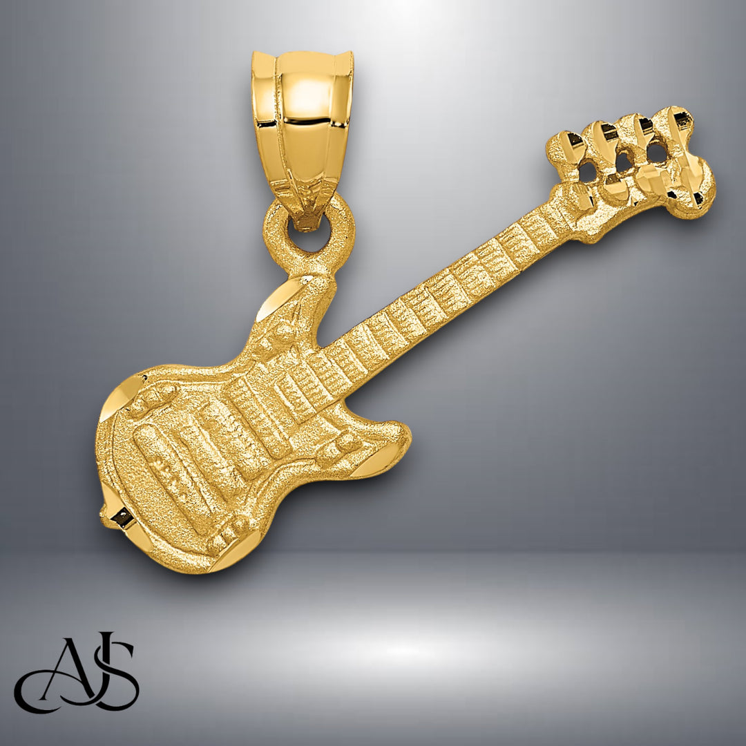 14K Yellow Gold 3D Guitar Charm with Necklace Chain Options