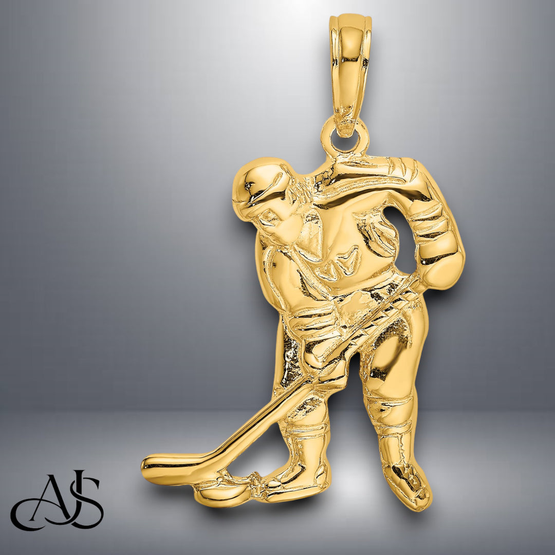 14K Yellow Gold Hockey Player with Stick and Puck Charm with Necklace Chain Options
