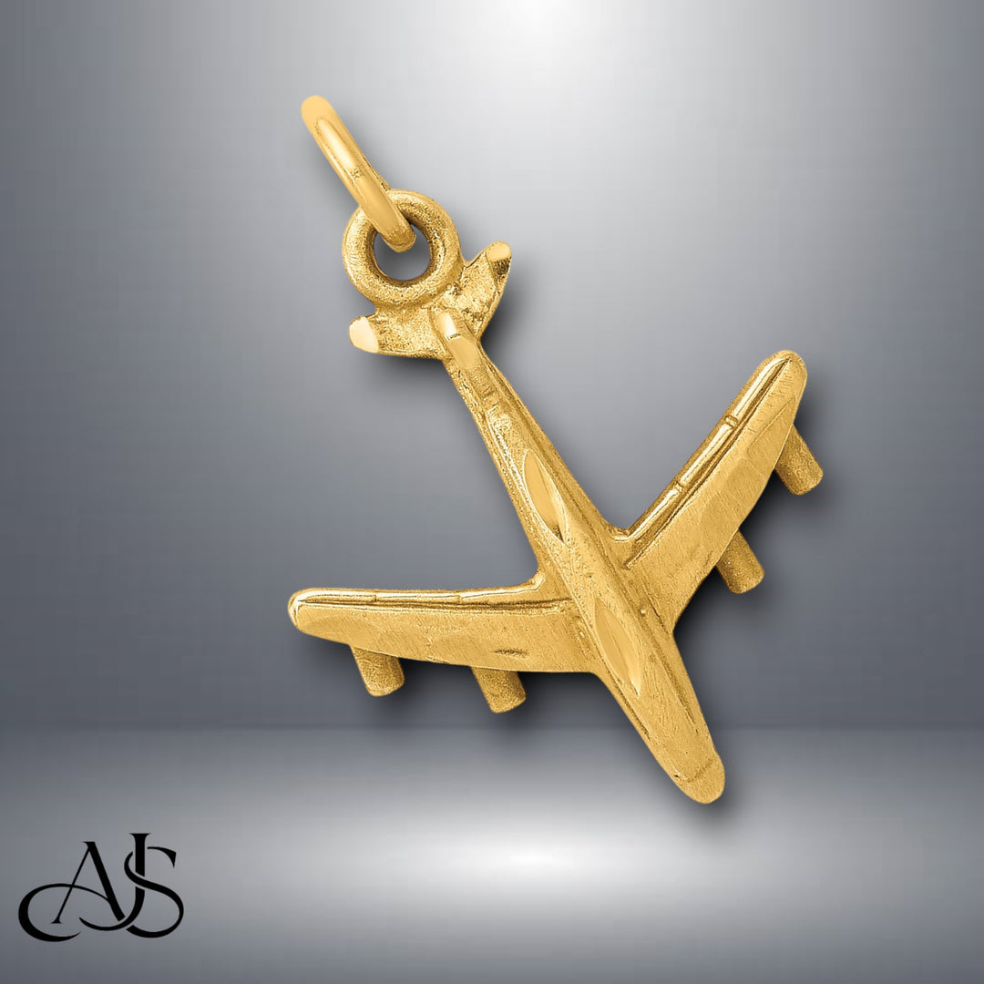 14K Yellow Gold 3-D Airplane Charm with Necklace Chain Options