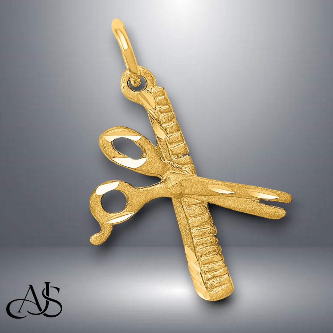 14K Yellow Gold Comb and Scissors Charm with Necklace Chain Options