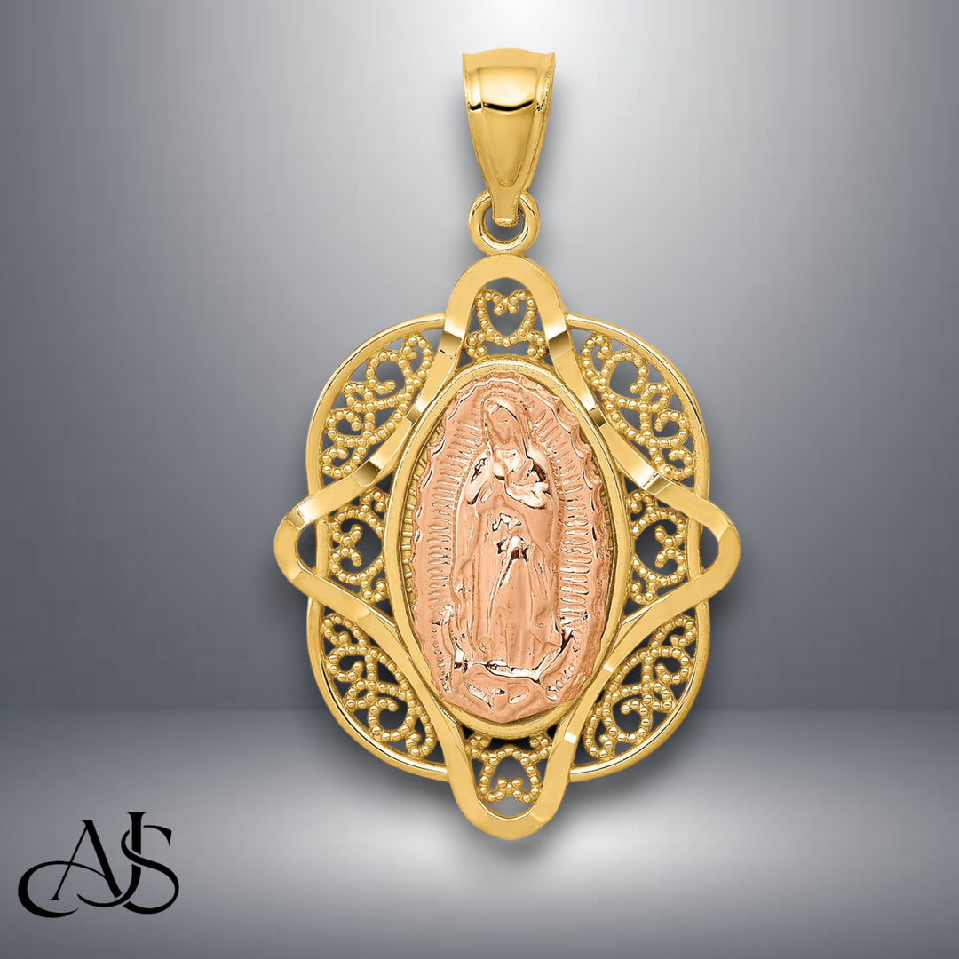 14K Two-tone Gold Rose Virgin Mary Pendant with Necklace Chain Options