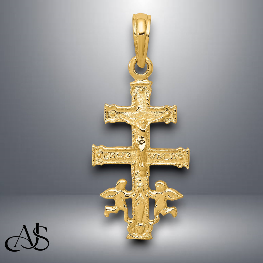 14K Yellow Gold Cara Vaca Crucifix Pendant with Necklace Chain Options