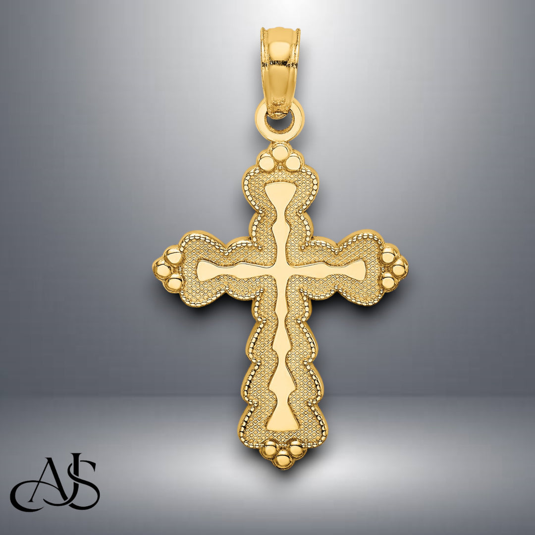14K Yellow Gold Scalloped Cross Charm Pendant with Necklace Chain Options