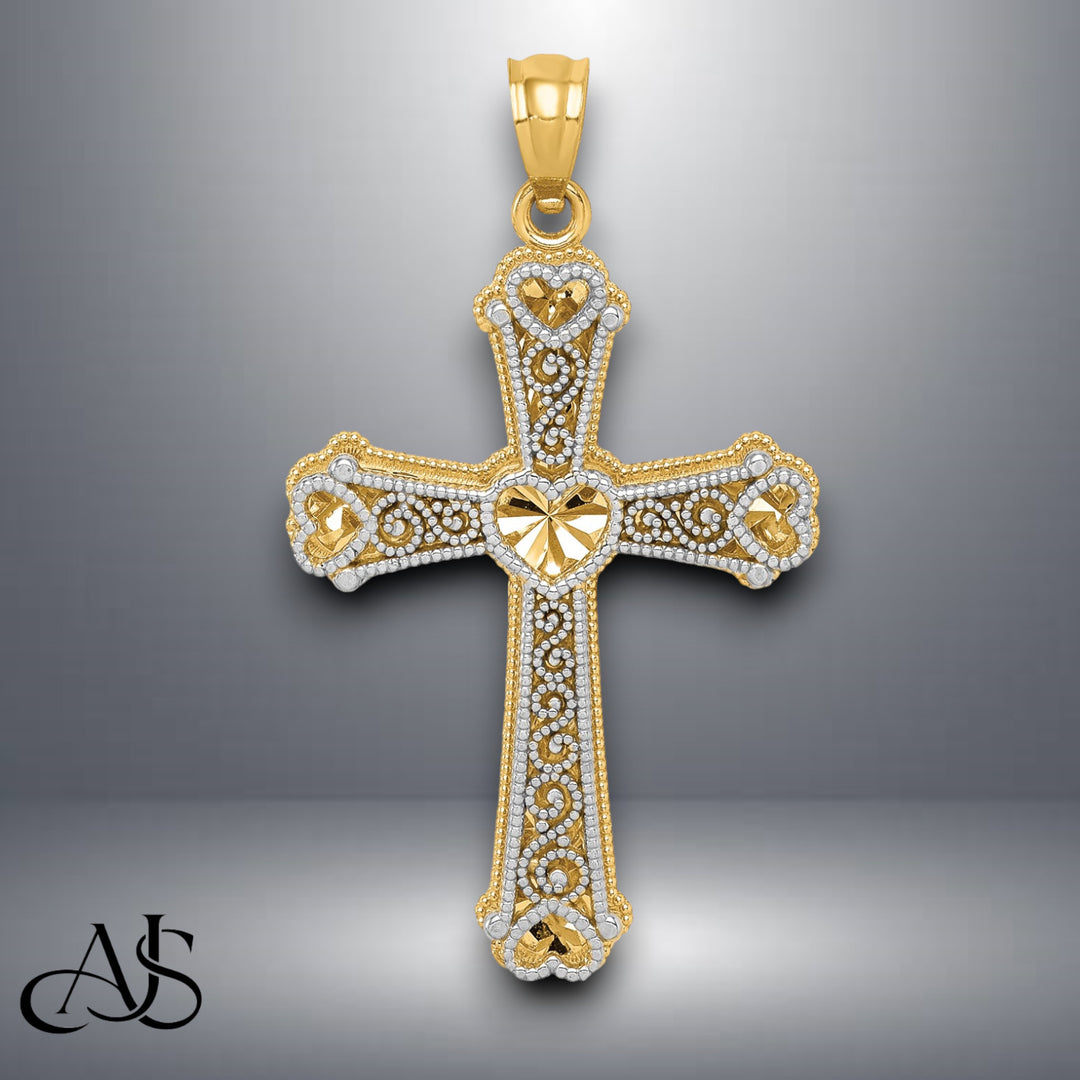 14K Two-tone Gold Hearts Cross Pendant with Necklace Chain Options