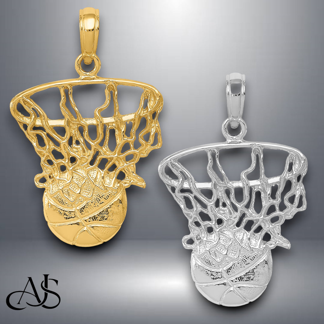 14K Yellow or White Gold Swoosh Basketball and Net Pendant with Necklace Chain Options