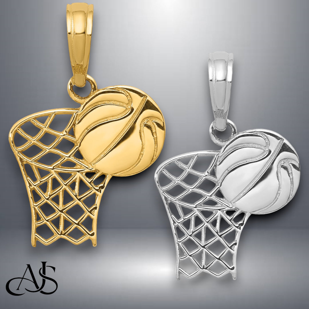 14K Yellow or White Gold Basketball Hoop and Ball Pendant with Necklace Chain Options