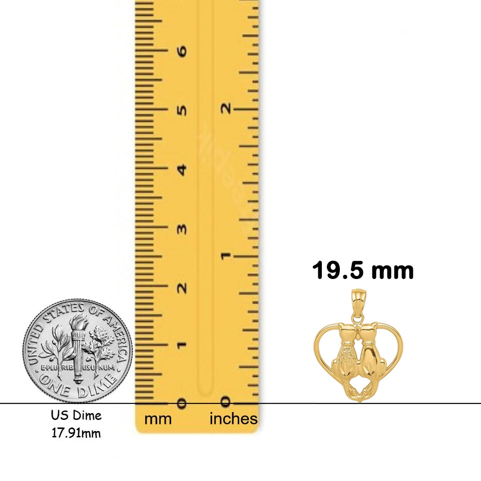 14K Yellow Gold Sitting Cats in a Heart Pendant with Necklace Chain Options