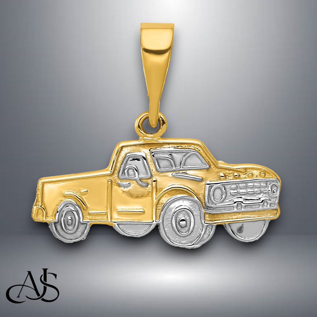 14K Yellow Gold w/Rhodium Pick-up Truck Pendant with Necklace Chain Options