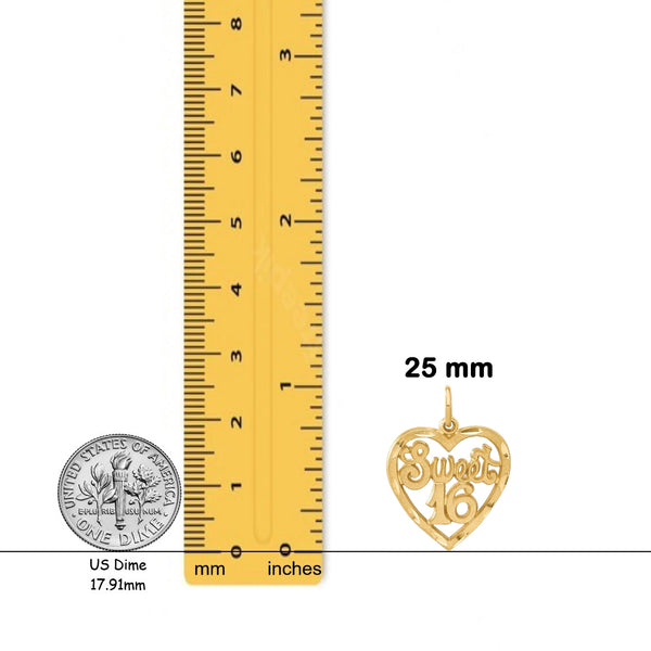 14K Yellow Gold SWEET 16 in A Heart Charm with Necklace Chain Options