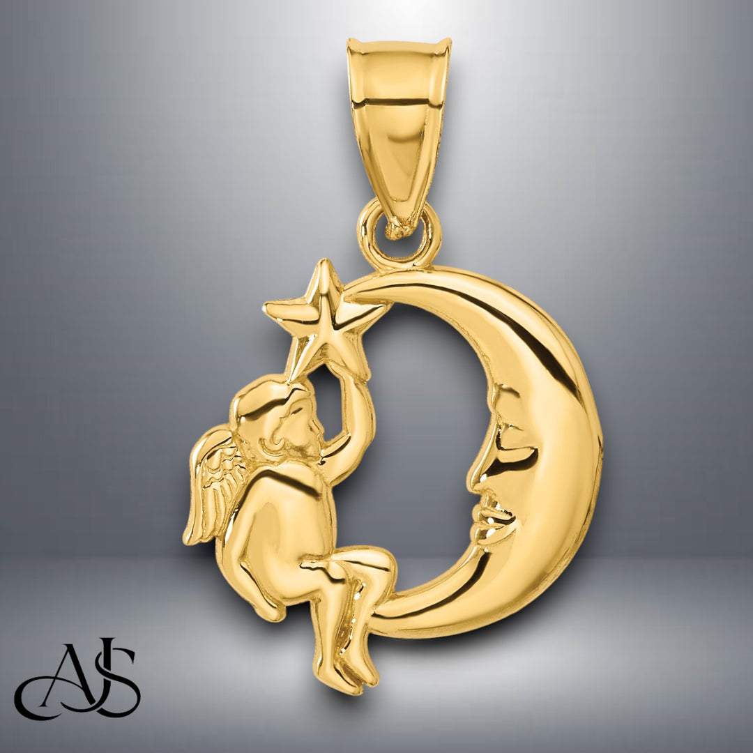 14K Yellow Gold Angel, Moon and Star Pendant with Necklace Chain Options