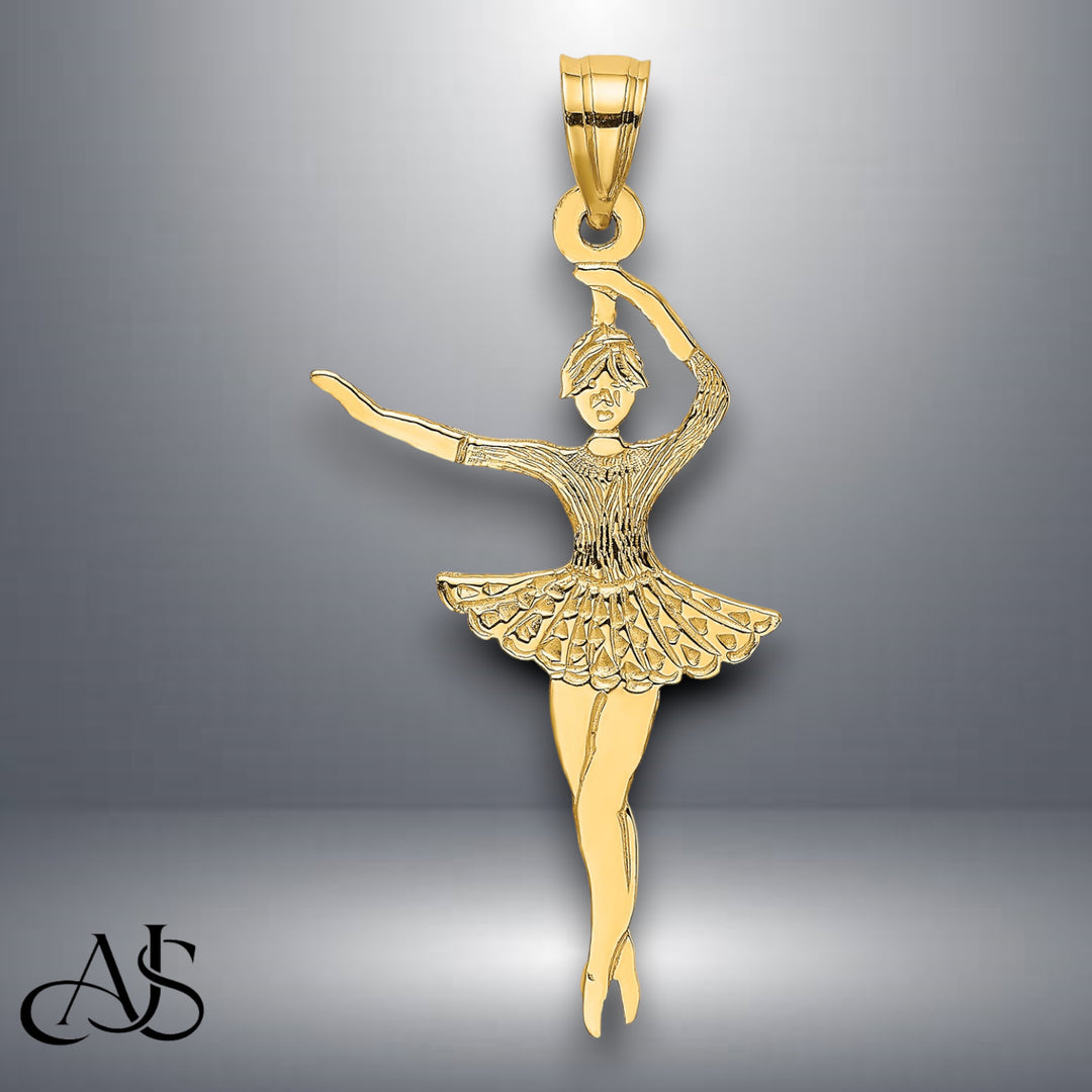 14K Yellow Gold Satin Polished Ballerina Charm with Necklace Chain Options