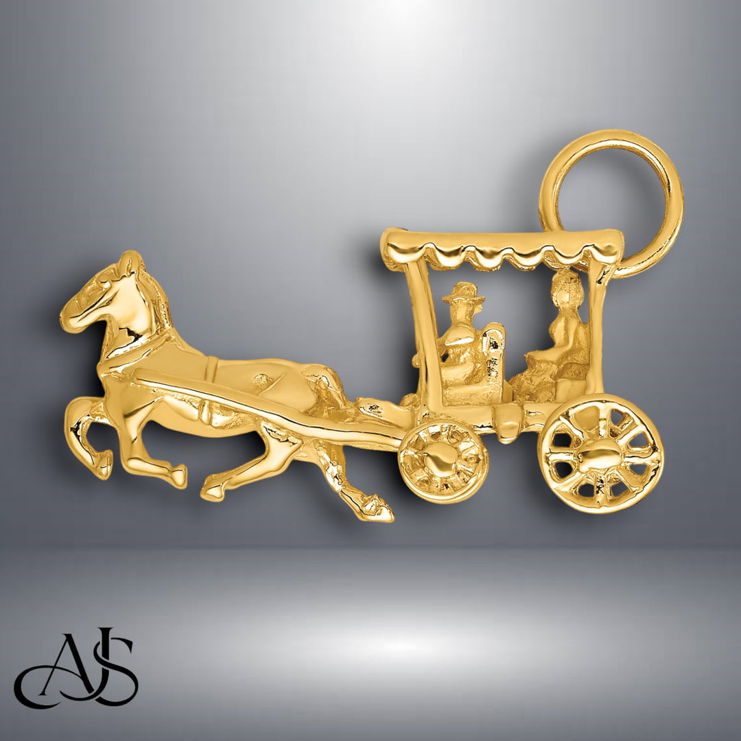 14K Yellow Gold Solid Polished 3-Dimensional Horse and Carriage Charm with Necklace Chain Options