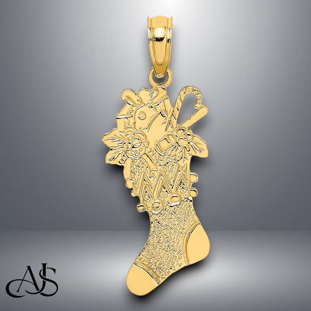 14K Yellow Gold Polished Christmas Stocking Charm with Necklace Chain Options