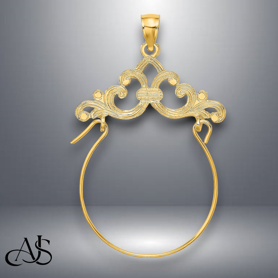 14K Yellow Gold Fleur de Lis Scroll Framed Charm Holder with Necklace Chain Options