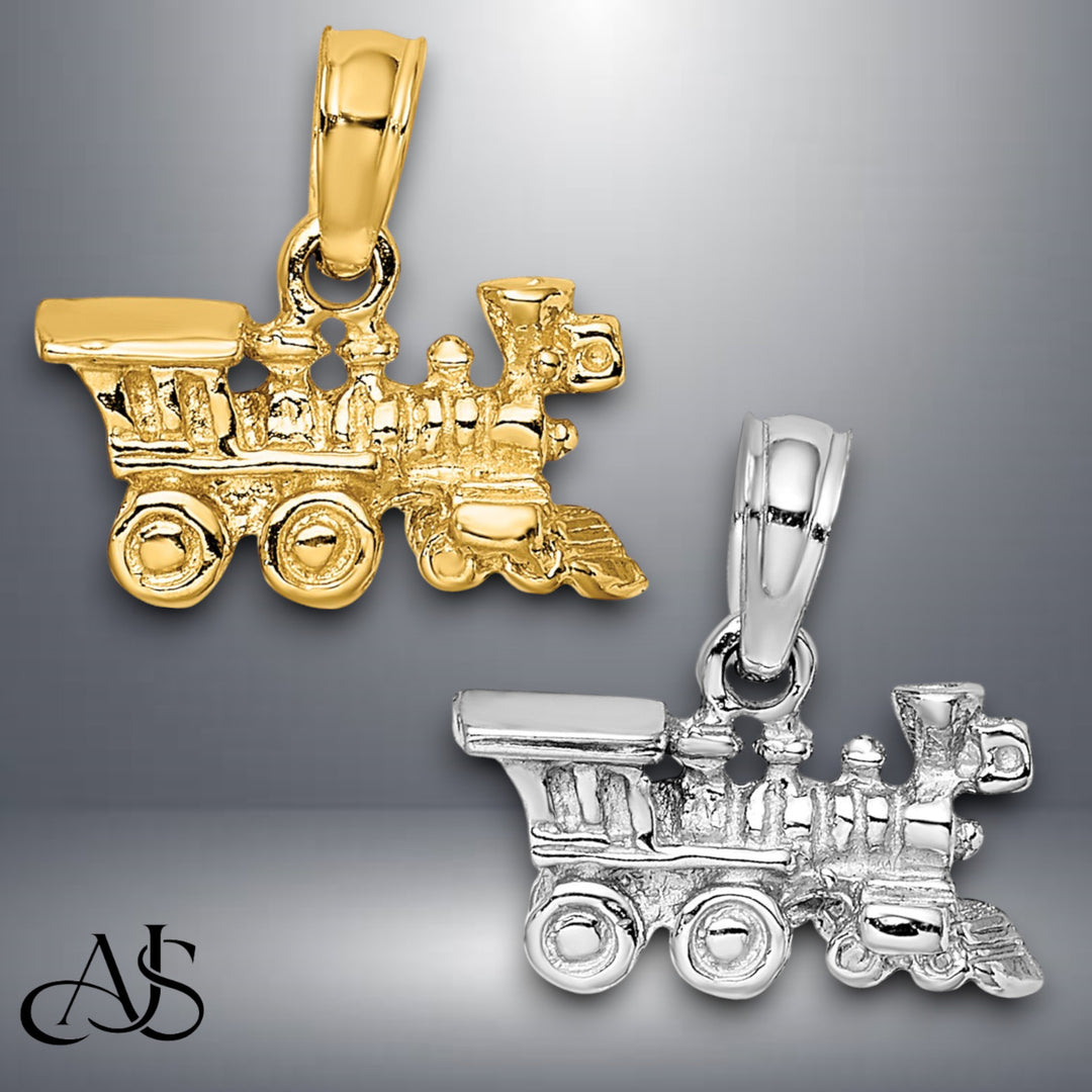 14K Yellow Gold or White Gold 3-D Miniature Train Charm with Necklace Chain Options