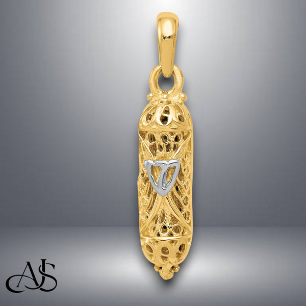 14K Yellow Gold w/ White Rhodium Mezuzah W/Shin Charm with Necklace Chain Options