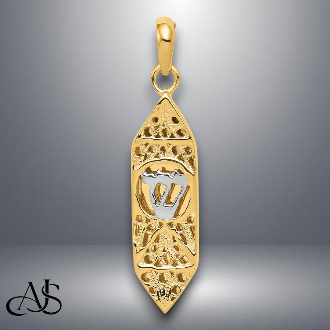 14K Yellow Gold w/ White Rhodium Mezuzah W/Shin Charm with Necklace Chain Options