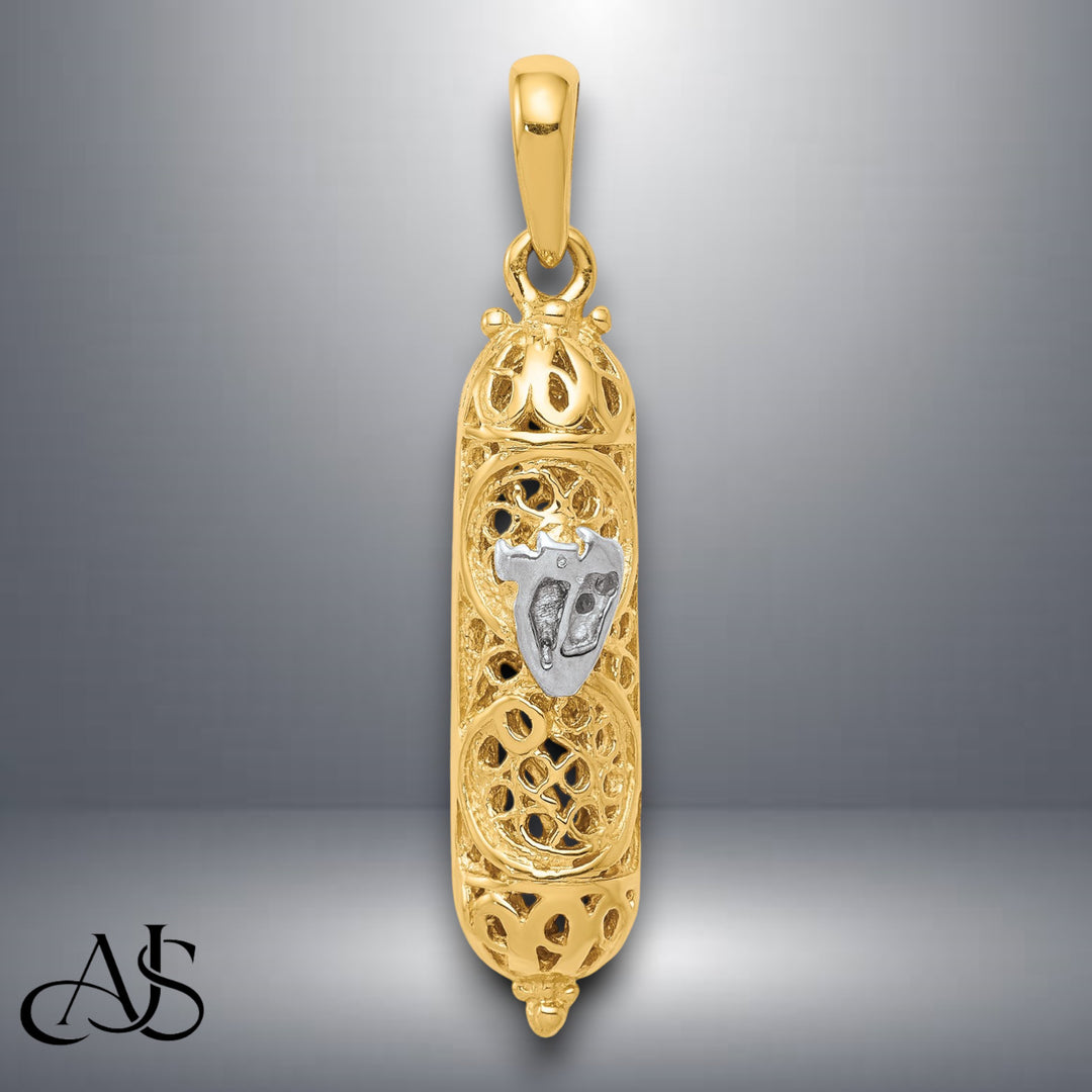 14K Yellow Gold w/ White Rhodium Mezuzah W/Shin Charm with Necklace Chain Options