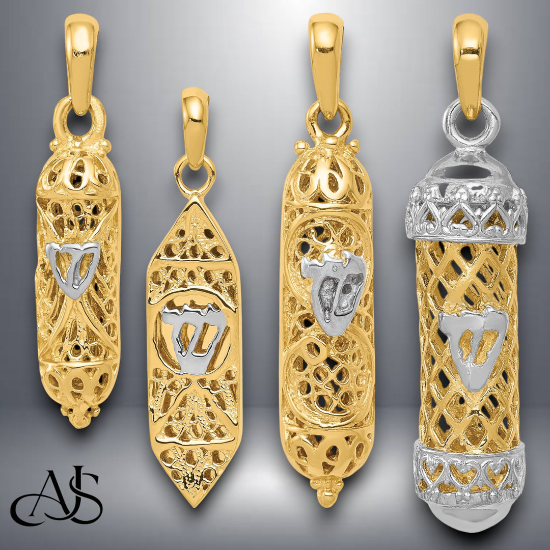 14K Yellow Gold w/ White Rhodium Mezuzah W/Shin Charm with Necklace Chain Options
