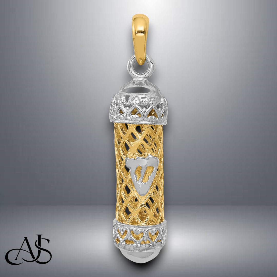 14K Yellow Gold w/ White Rhodium Mezuzah W/Shin Charm with Necklace Chain Options