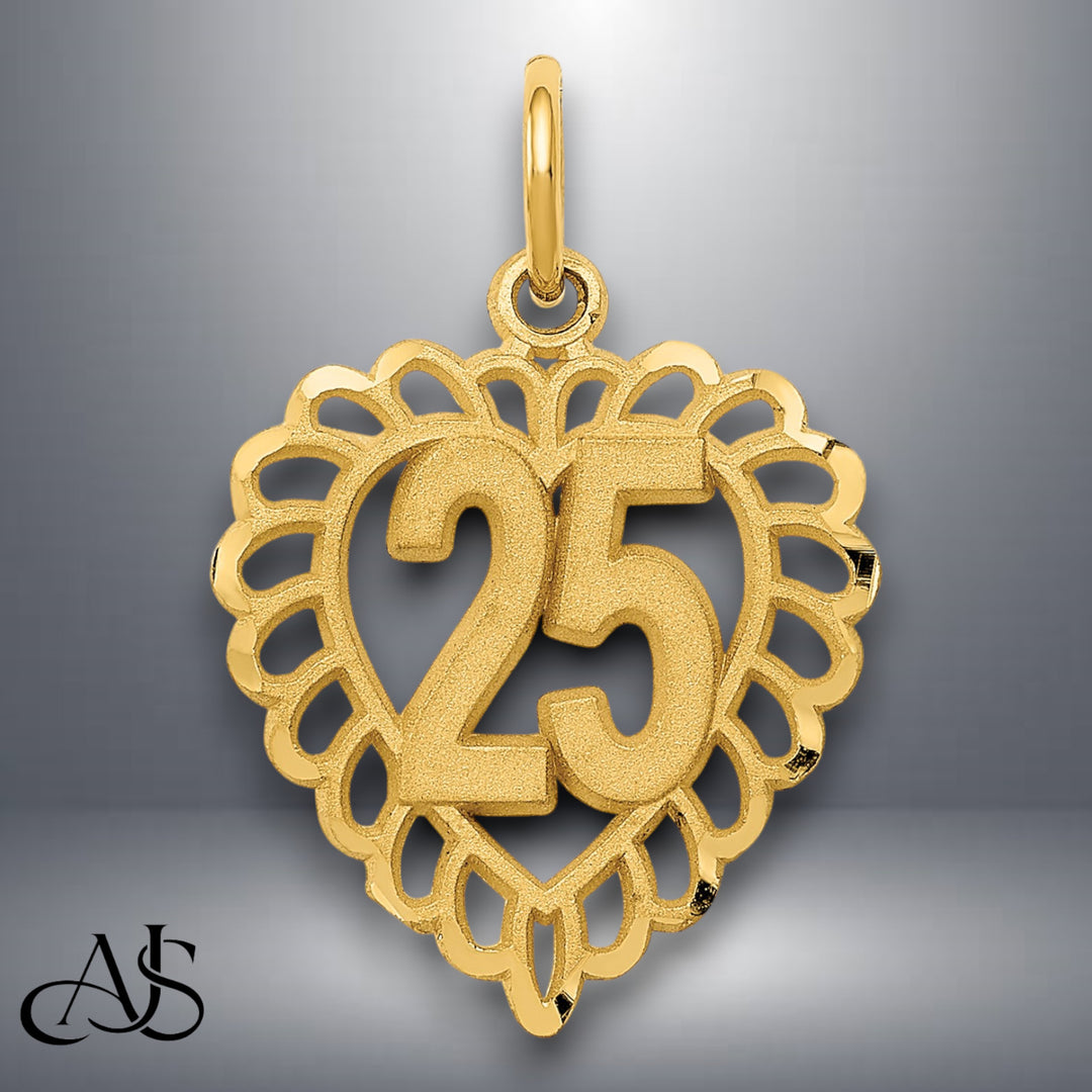 14K Yellow Gold 16,18,21,25,50 Numbers in a Heart Charm with Necklace Chain Options