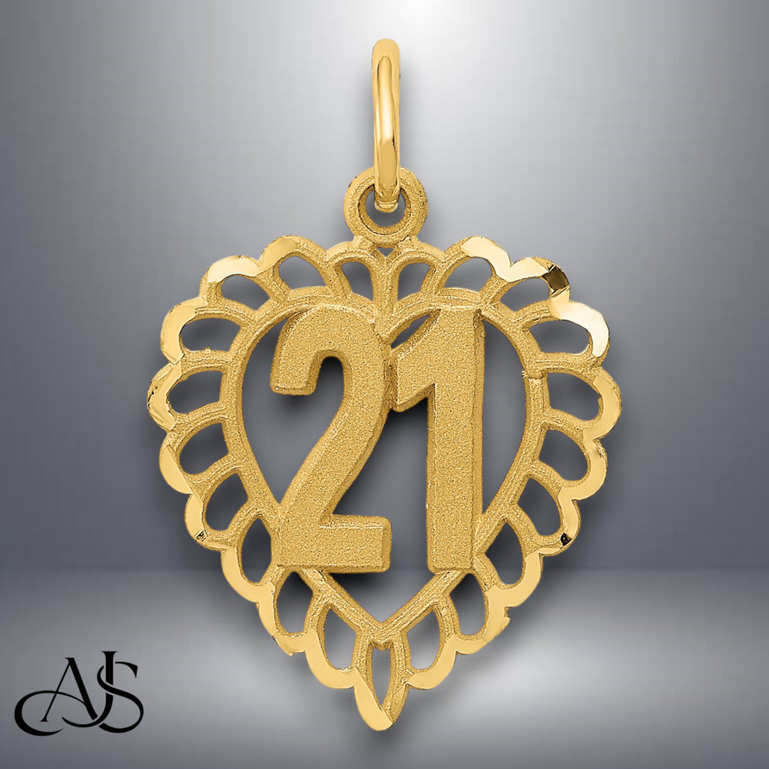 14K Yellow Gold 16,18,21,25,50 Numbers in a Heart Charm with Necklace Chain Options
