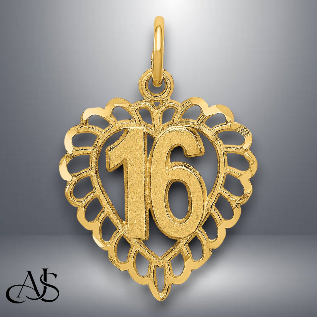 14K Yellow Gold 16,18,21,25,50 Numbers in a Heart Charm with Necklace Chain Options