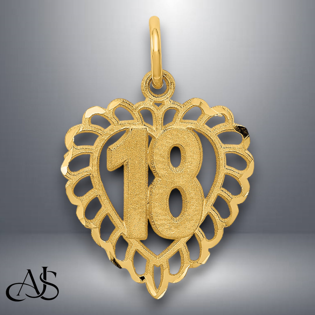 14K Yellow Gold 16,18,21,25,50 Numbers in a Heart Charm with Necklace Chain Options