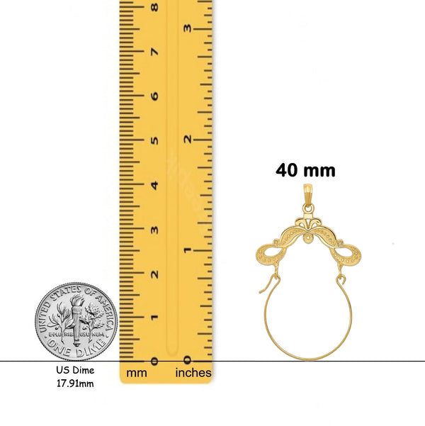 14K Yellow Gold Polished Ribbon Decorated Charm Holder with Necklace Chain Options